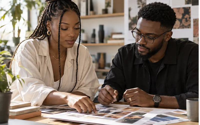 Two African designers review brand prints at a studio table