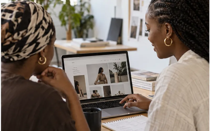 Two African women build a website together at a laptop