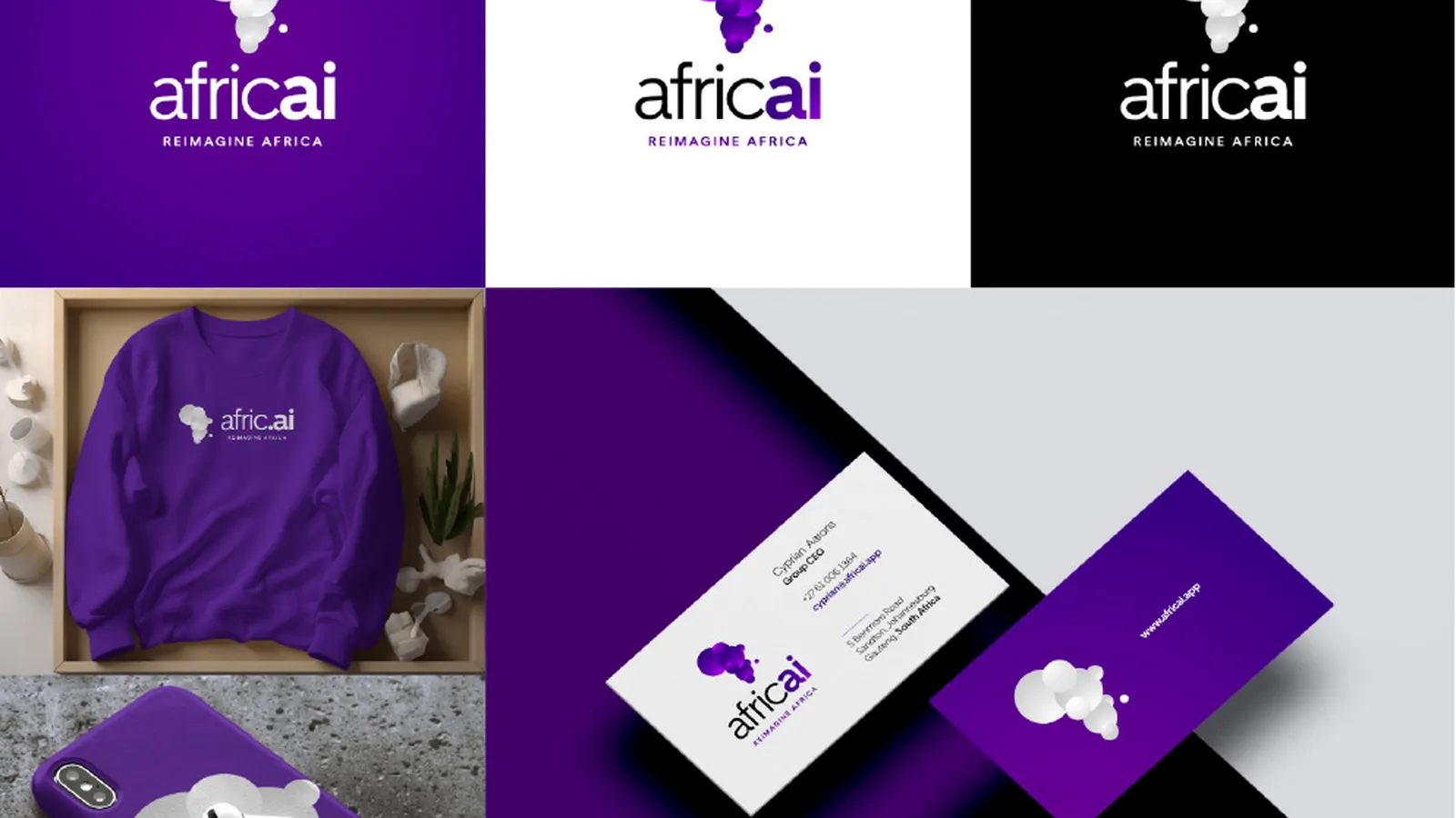 The Africa AI identity on cards, sweatshirt and phone