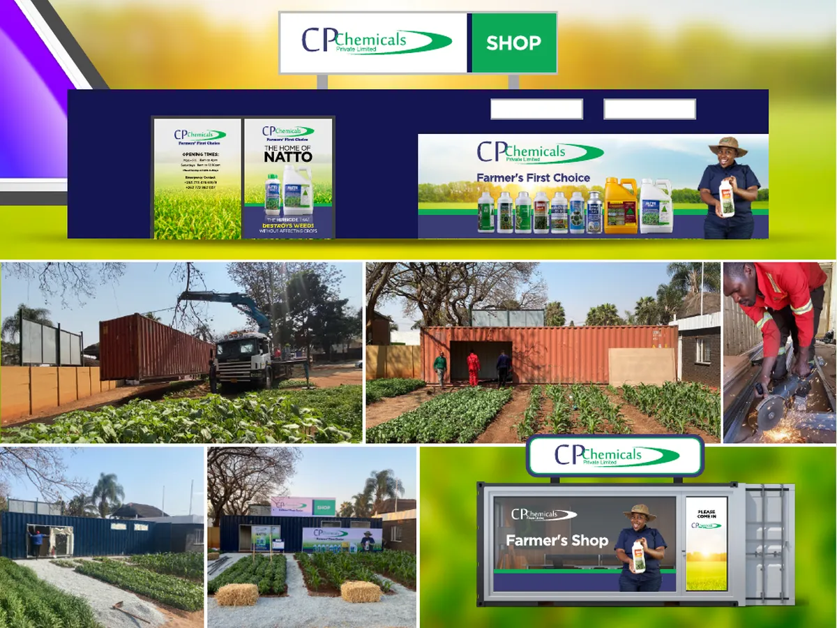 CP Chemicals Farmer’s Shop container stand, with photos of the build