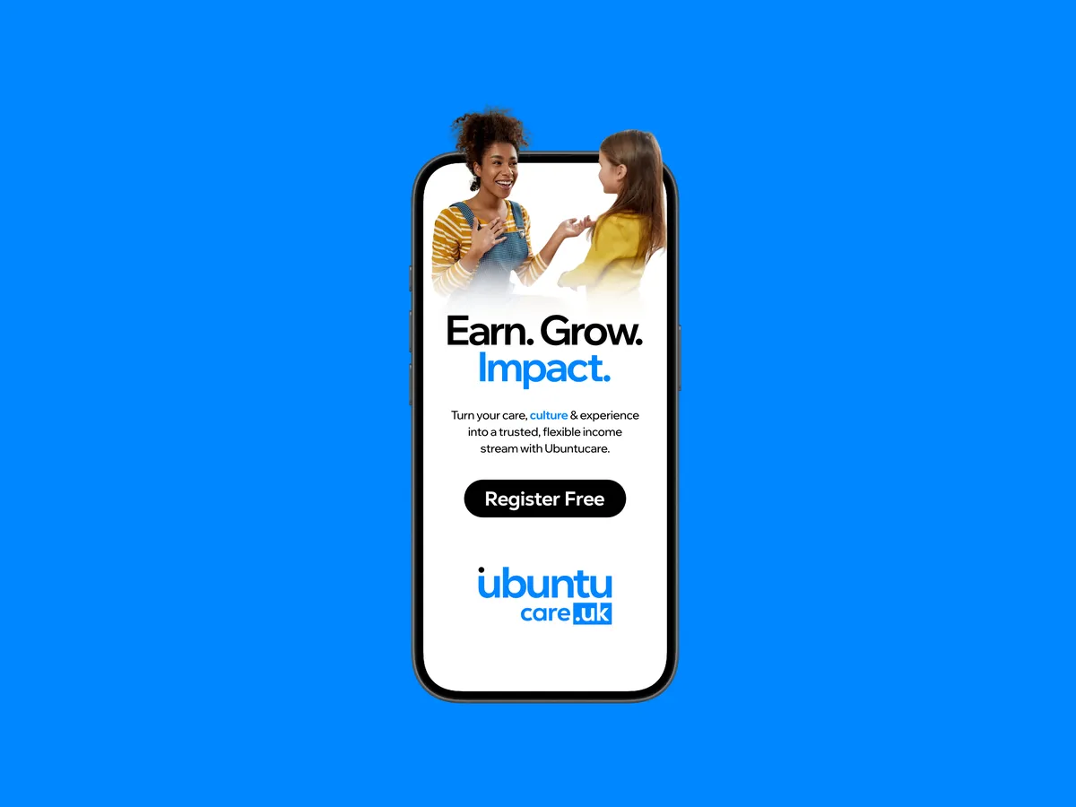 Ubuntu Care app on a phone: Earn. Grow. Impact.